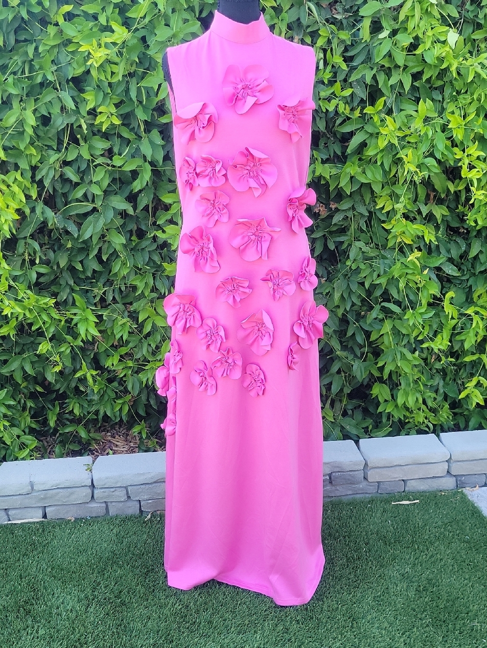 Pink Maxi Dress with 3D Floral Appliqués